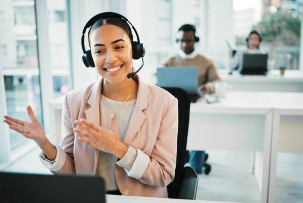 Happy Woman Laptop And Call Center With Headphones Consulting